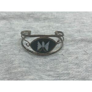 Vintage Bracelet Alpaca Mexico Silver Tone Abalone Shell Butterfly Small Onyx
